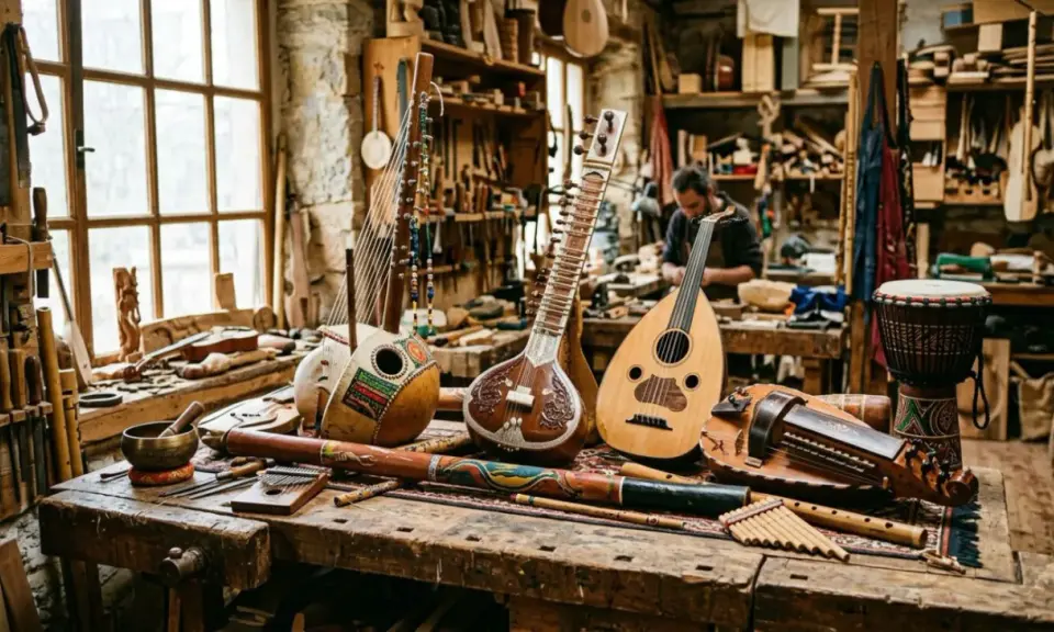 Atelier de lutherie avec un luth, un sitar et d'autres instruments de musique asie. Un artisan travaille en arrière-plan.