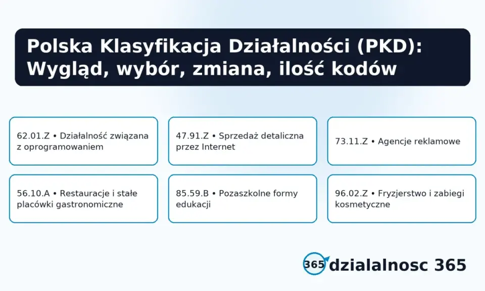 Polska Klasyfikacja Działalności (PKD) - przegląd, wybór i zmiana kodów. Przykłady: oprogramowanie, handel, gastronomia, fryzjerstwo.