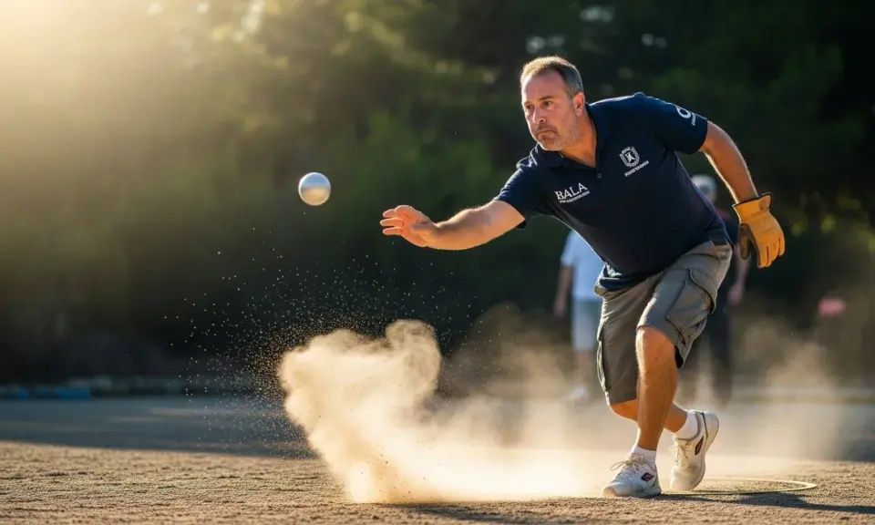 Un homme concentré est en pleine action, tirant avec des petites boules sur un terrain poussiéreux. La lumière dorée du soleil illumine la scène.