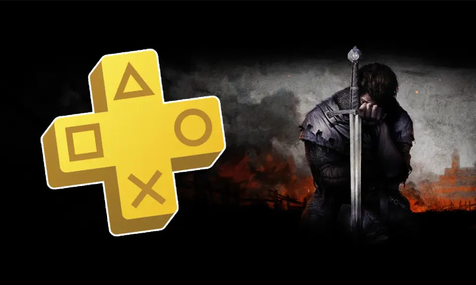 El logo de PS Plus de abril junto a un guerrero medieval con su espada.