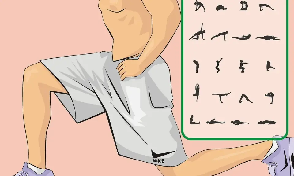 Ilustracja pokazuje mężczyznę w wykroku, obok schematyczne ćwiczenia, które mogą pomóc w treningu mięśni kegla ćwiczenia u mężczyzn.