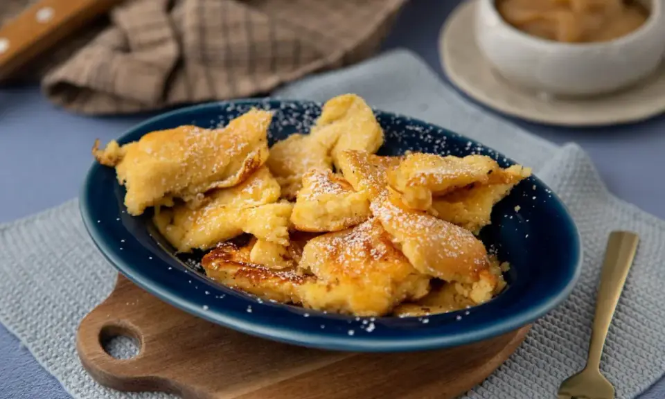 Kaiser­sch­marrn, ein Klassiker der besten Thermomix Rezepte, bestäubt mit Puderzucker auf einem blauen Teller.