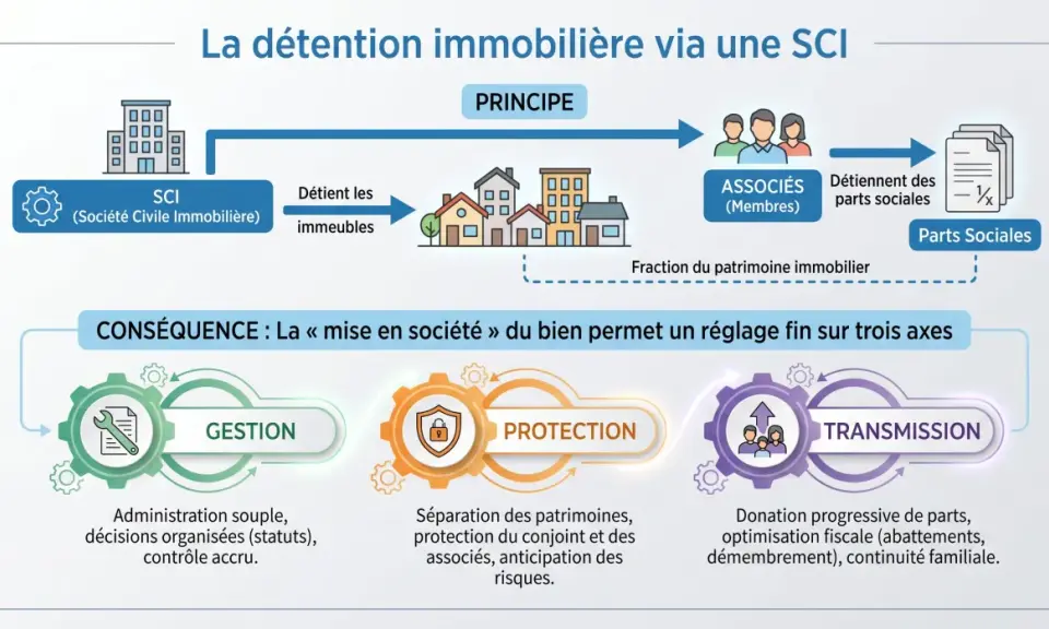 Schéma expliquant la détention immobilière via une SCI, illustrant le principe et les conséquences pour la gestion, la protection et la transmission, idéal pour une sci familiale.