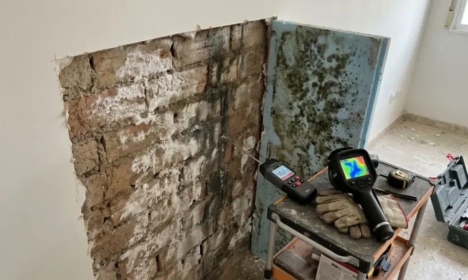 Herramientas para diagnosticar y como aislar una pared de la humedad: medidor de humedad, cámara térmica y guantes sobre ladrillos afectados por moho.