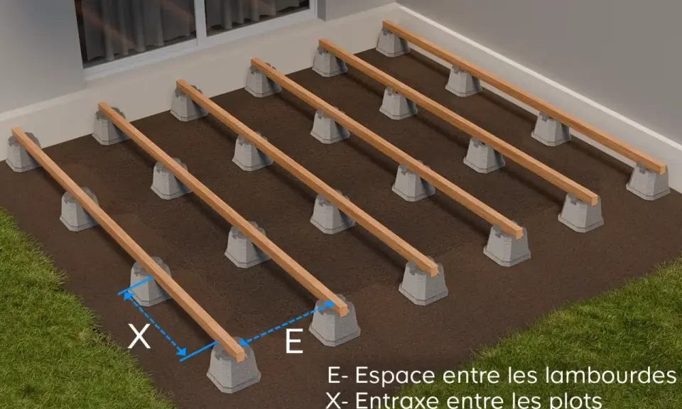 Schéma de montage d'une terrasse en bois : plots béton supportant des lambourdes en bois. Indication de l'entraxe (X) et de l'espacement (E).