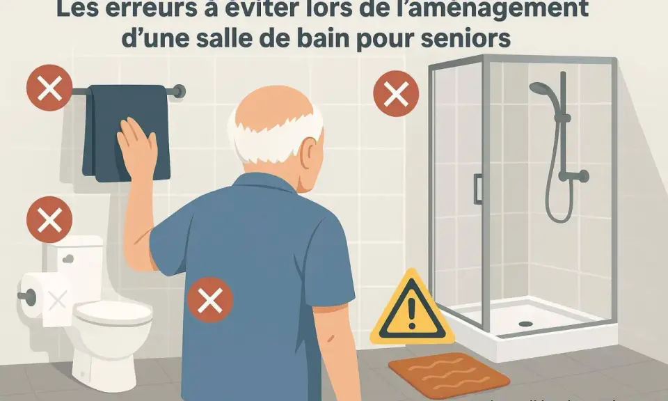 Illustration montrant une salle de bain avec des erreurs à éviter pour une salle de bain pmr. Un homme âgé est présent.