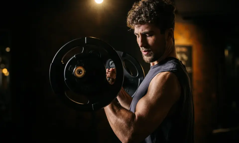 Mann mit lockigem Haar hebt Hantel im Fitnessstudio. Fokus auf Muskelaufbau und **bulking deutsch**.