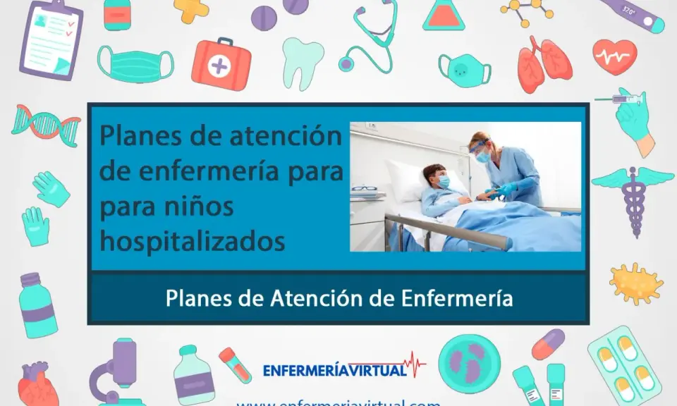 Un niño en cama de hospital recibe atención de una enfermera. El aprendizaje perceptivo de los planes de atención de enfermería para niños hospitalizados se ilustra con iconos médicos.