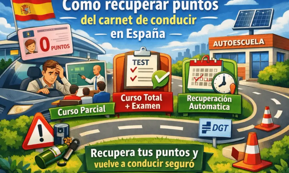Ilustración de un **centro de recuperación de puntos** para el carnet de conducir en España. Muestra un conductor preocupado, clases, exámenes y la opción de recuperación automática.