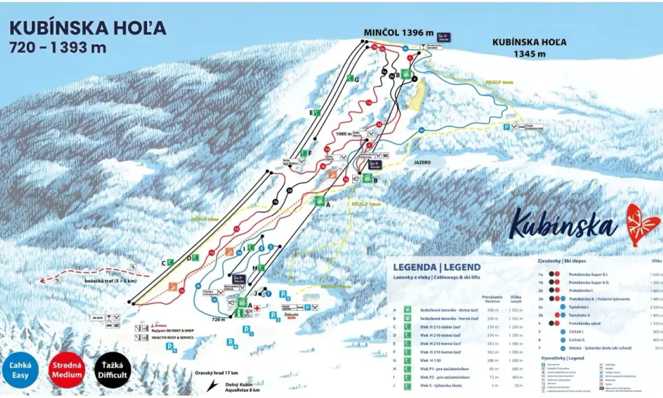 Mapa strediska Kubínska hoľa s vyznačenými zjazdovkami, lanovkami a vleklami.