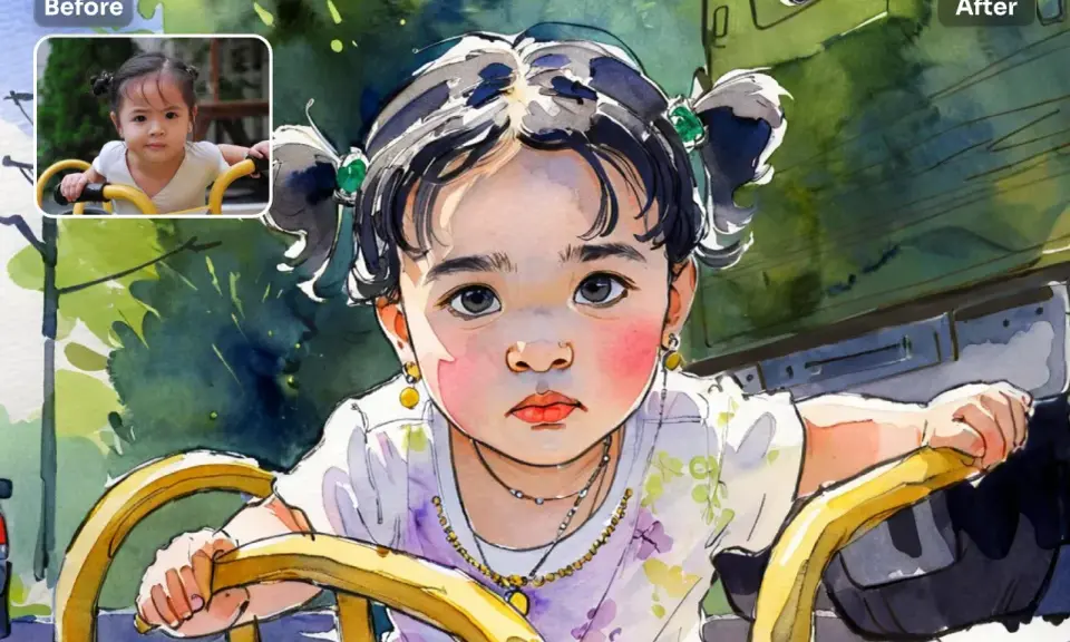 Niña con coletas y pendientes amarillos, transformada de foto a acuarela, sentada en un volante amarillo.