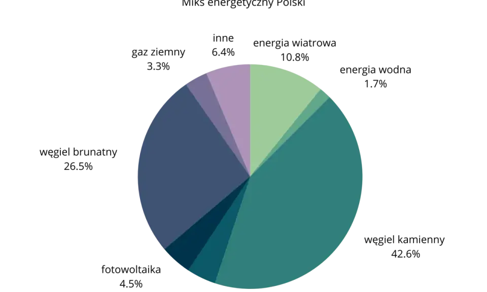 Wykres kołowy przedstawiający miks energetyczny Polski: węgiel kamienny (42.6%), węgiel brunatny (26.5%), fotowoltaika (4.5%), gaz ziemny (3.3%), inne (6.4%), energia wiatrowa (10.8%), energia wodna (1.7%).