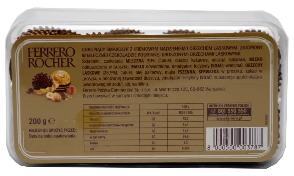 Opakowanie Ferrero Rocher. Tabela wartości odżywczych podaje, że 100g ma 2506/603 kcal.