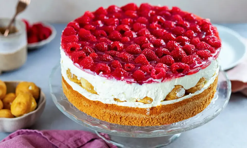 Himmlische Windbeuteltorte mit frischen Himbeeren und Sahne. Ein Traum für jeden Anlass, das Rezept ist einfach!