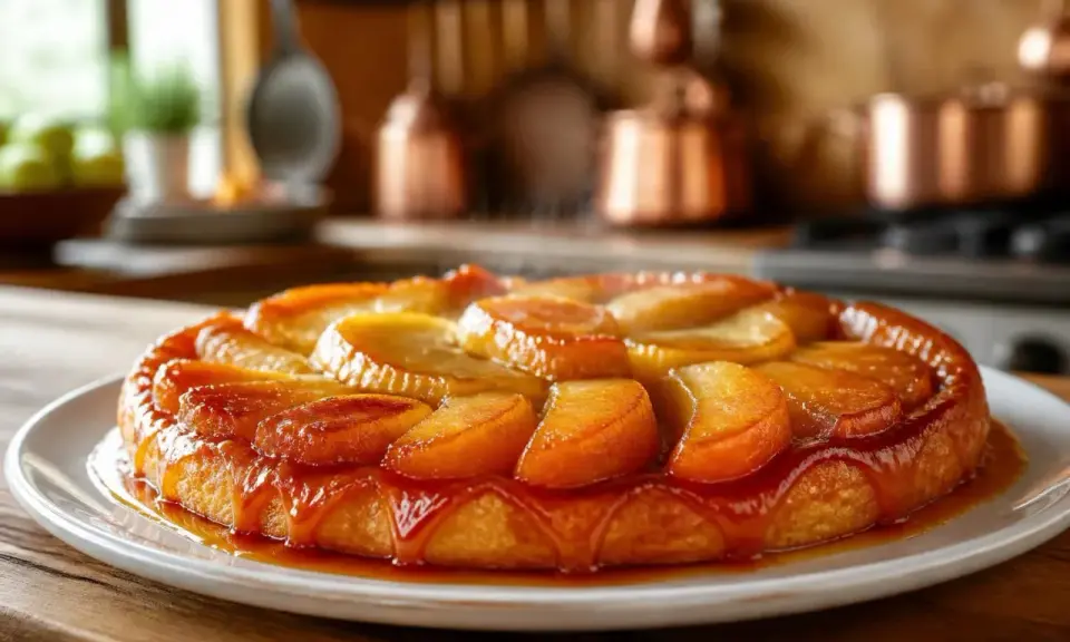 Tarte Tatin aux pommes, dorée et brillante, baignant dans un caramel onctueux. Un délice gourmand prêt à être dégusté.