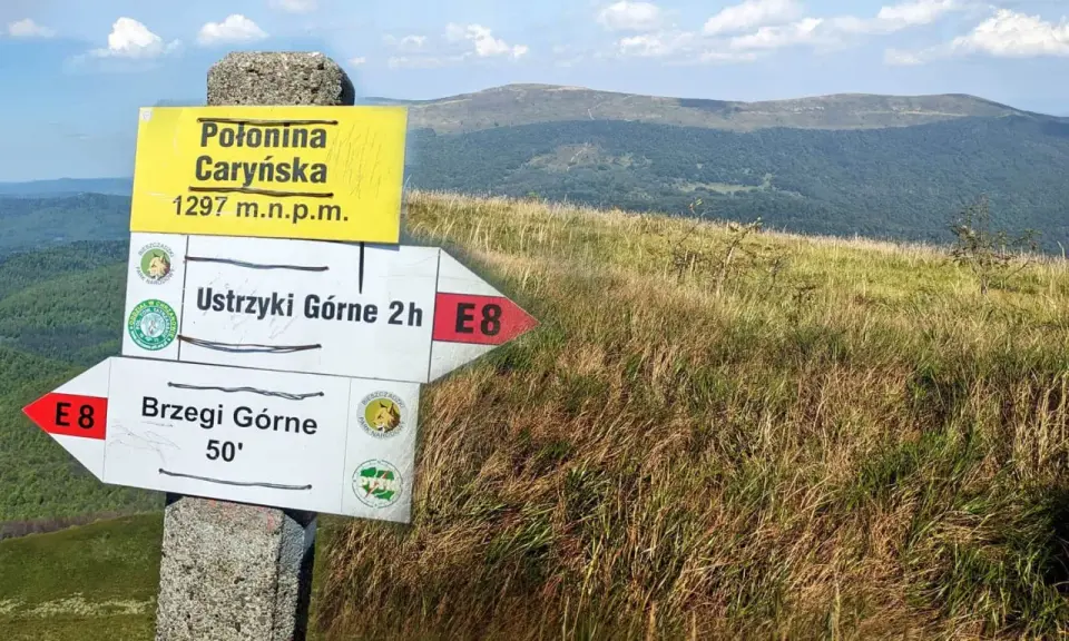 Połonina Caryńska, 1297 m n.p.m. Znaki wskazują drogę do Ustrzyk Górnych (2h) i Brzegów Górnych (50').