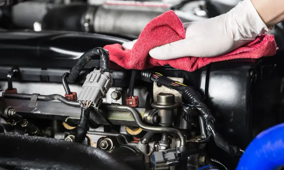 Mano enguantada realiza limpieza de piezas mecánicas de motor con paño rojo.