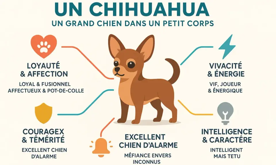 Un adorable chien chihuahua, loyal, vif et intelligent, est représenté avec ses qualités : affection, énergie, courage, alarme et caractère.