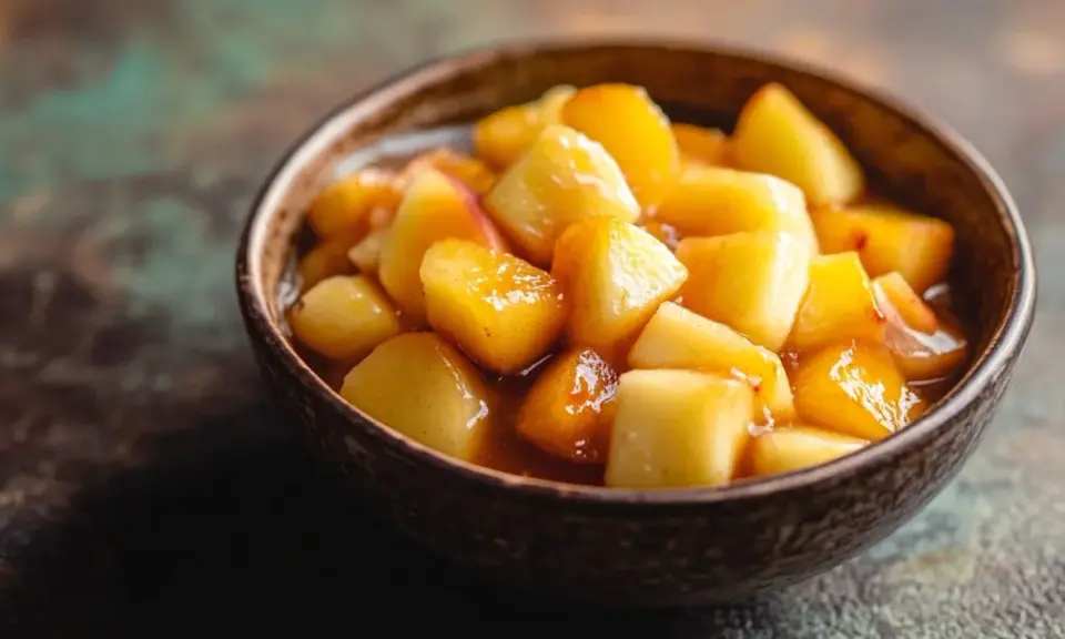 Tazón de macedonia de frutas con trozos de manzana y melocotón glaseados, listos para disfrutar.