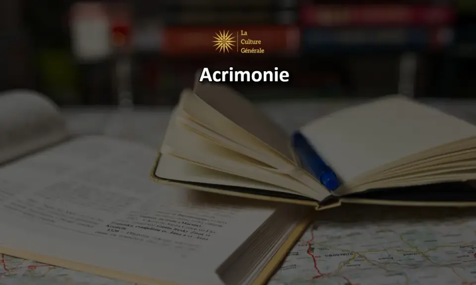 Un livre ouvert et un carnet avec un stylo bleu, sur une carte. Le mot "Acrimonie" est affiché, définissant une attitude acerbe.