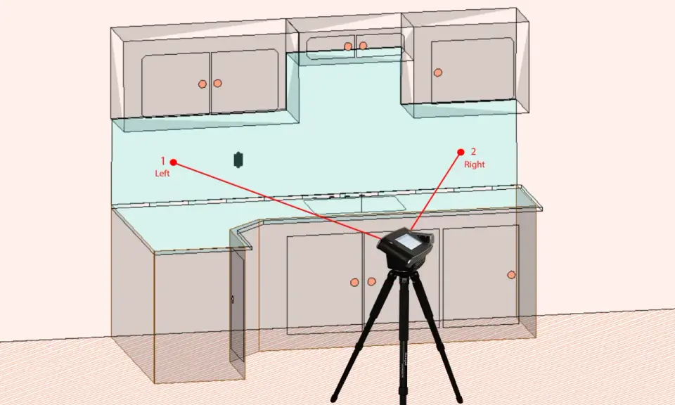 Medición de la altura del salpicadero de la cocina con un escáner 3D. Puntos de referencia "Left" y "Right" marcados.