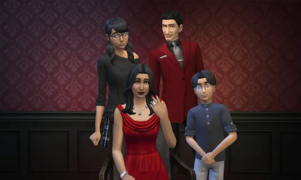 Rodzina z gry The Sims 4, w tym bella ćwir, pozuje do portretu.