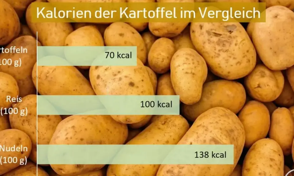 Vergleich: Kartoffel (70 kcal/100g) vs. Reis (100 kcal/100g) und Nudeln (138 kcal/100g). Kartoffel kalorien sind am niedrigsten.