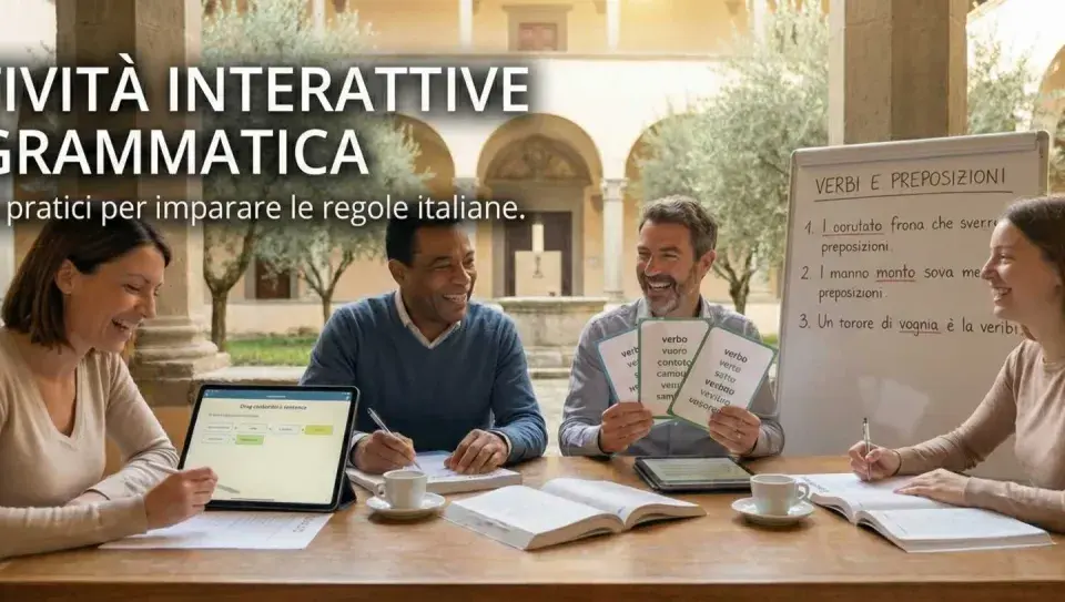 Persone sorridenti partecipano a giochi di grammatica interattivi, imparando verbi e preposizioni con esercizi pratici.