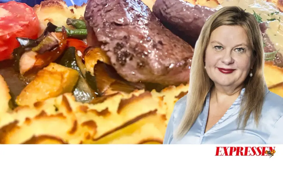 En kvinna ler bredvid en läcker plankstek med grönsaker och potatis, en klassisk rätt från Stockholm.