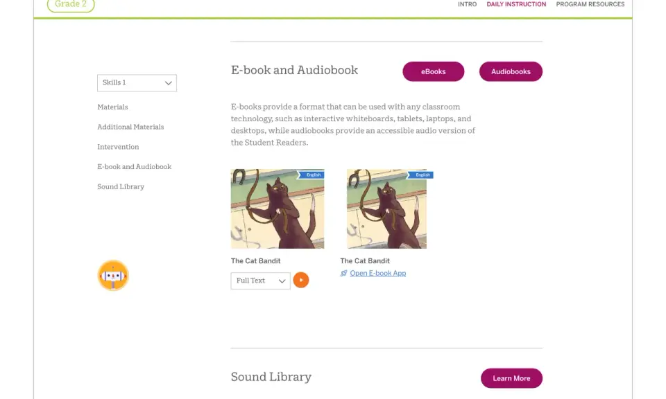 Dostępne audiobooki po angielsku z tekstem, w tym "The Cat Bandit". Możliwość wyboru pełnego tekstu.
