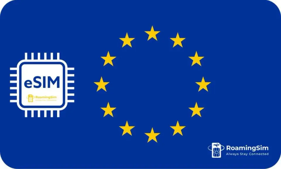 eSIM od RoamingSim to Twój klucz do swobodnego internetu mobilnego za granicą, z symbolem Unii Europejskiej.