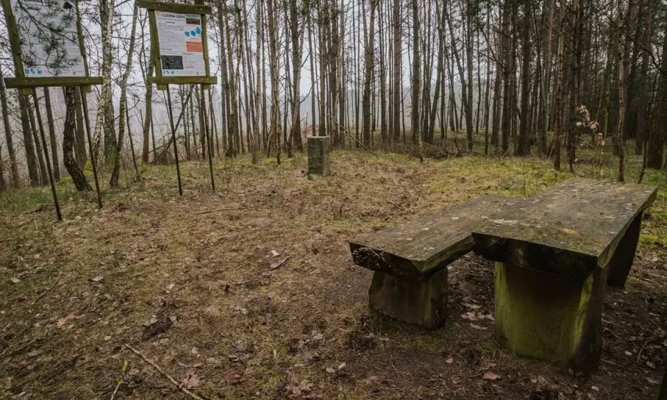 Kamienny stół i ławka w lesie, obok tablice informacyjne. Miejsce na odpoczynek podczas wędrówki po górach obkaskich.
