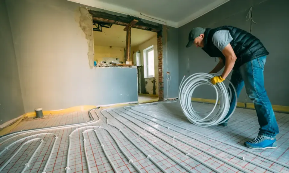 Instalator układa rury do ogrzewania podłogowego z sieci miejskiej.