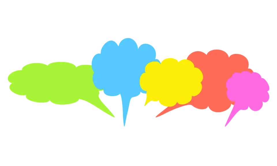Kolorowe dymki dialogowe, idealne do ćwiczeń z word formation B2, tworzą barwną chmurę myśli.