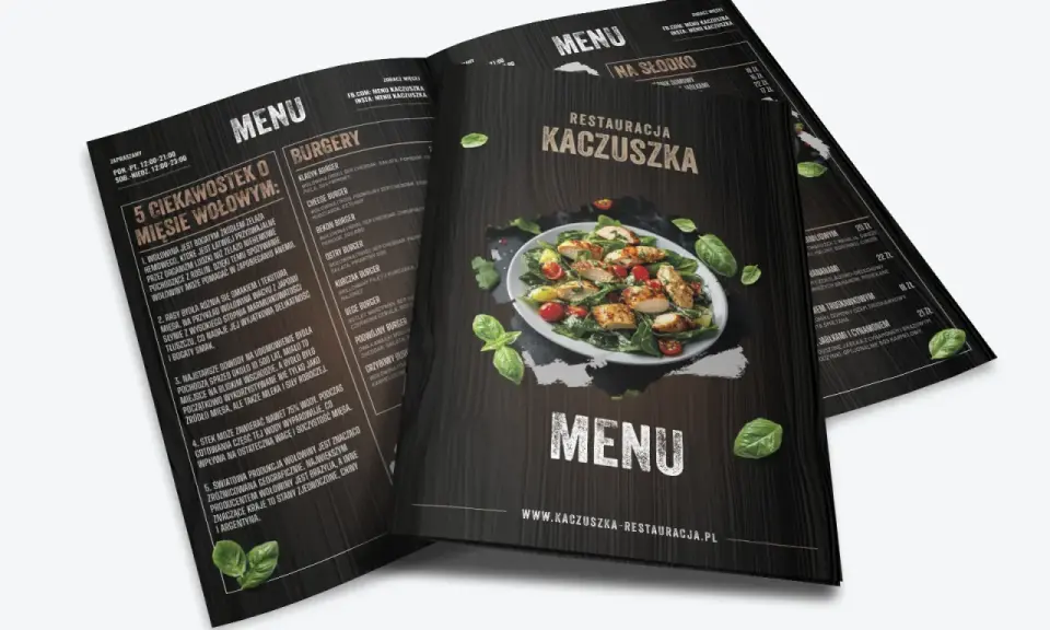 Eleganckie menu restauracji Kaczuszka z apetycznym zdjęciem kurczaka i sałatki. Projekt menu zawiera sekcje z burgerami i deserami.