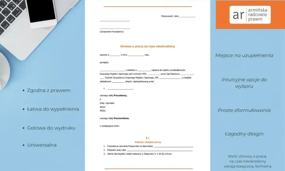 Wzór umowy o pracę na czas nieokreślony, idealny jako umowa na zastępstwo. Zgodna z prawem, łatwa do wypełnienia.