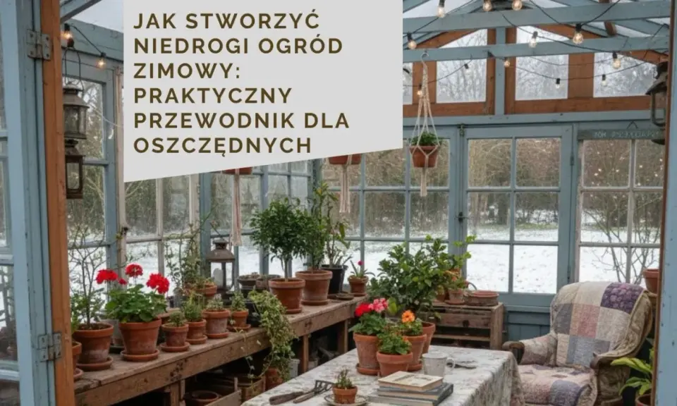 Szklarnia pełna roślin w doniczkach, z tekstem "Jak stworzyć niedrogi zimowy ogród". Tanie pomysły do ogrodu dla oszczędnych.