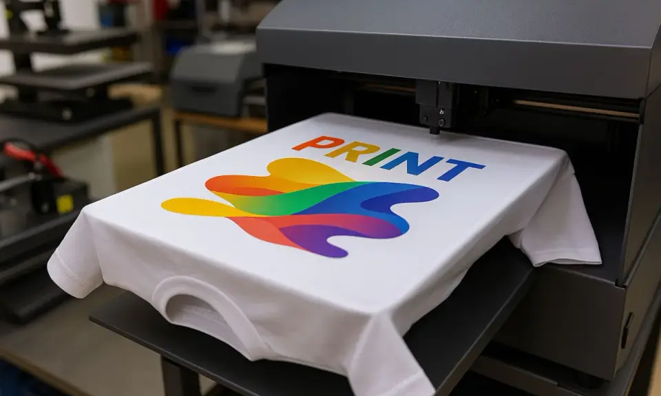 Nowa koszulka z tęczowym wzorem i napisem PRINT, gotowa do drukowania na plastiku.