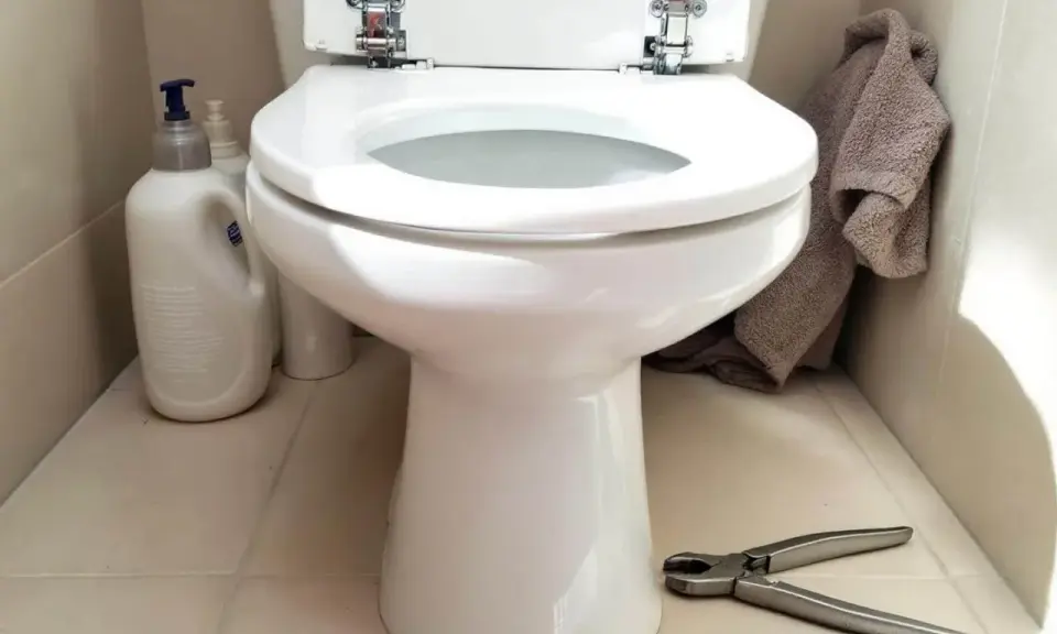Préparez-vous à changer l'abattant WC. Nettoyants, serviette et pince à portée de main pour le bricolage.