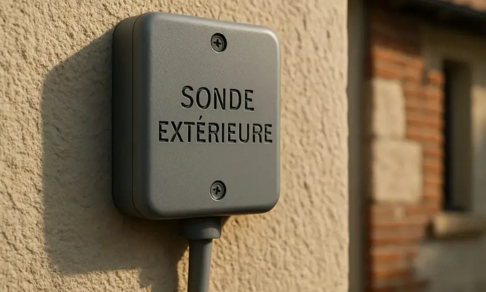 Boîtier gris fixé au mur, marqué "SONDE EXTÉRIEURE". Un câble en sort.