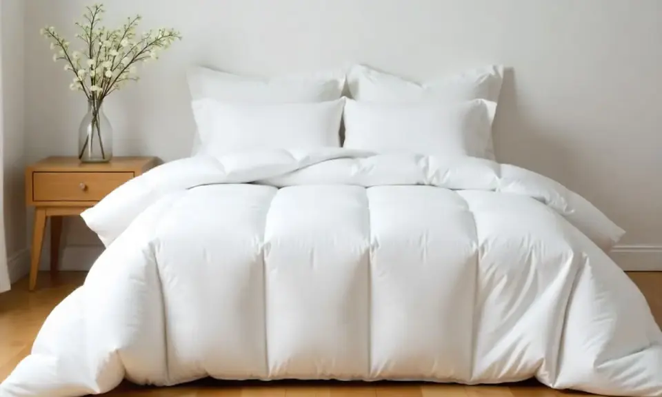 Cama impecable con edredón plumón oca blanco y cojines. Un jarrón con flores decora la mesita de noche.