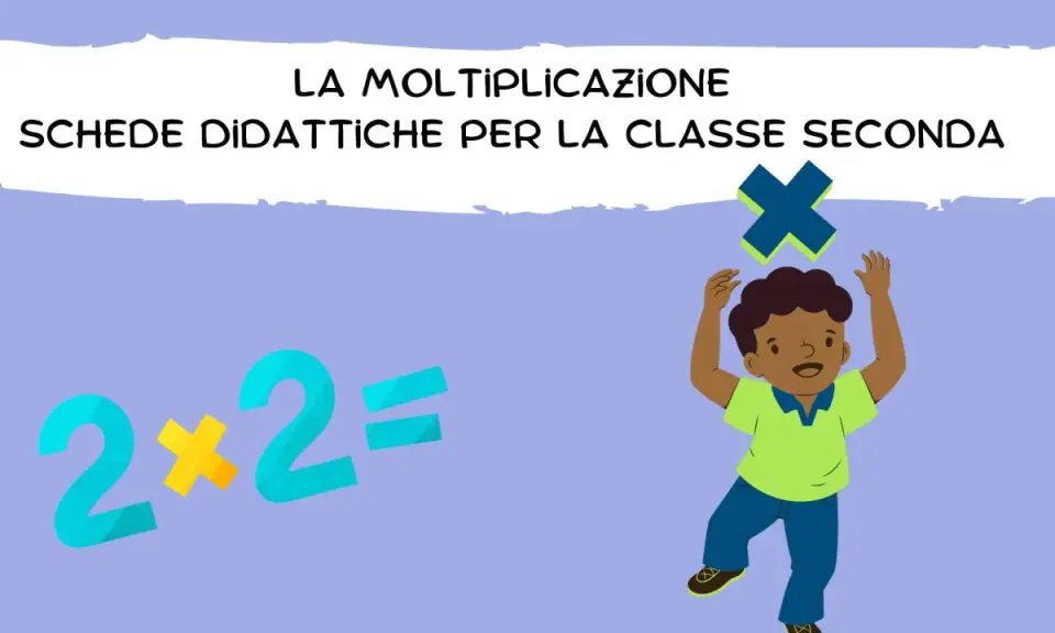 Schede didattiche moltiplicazioni per la seconda classe. Un bambino festeggia con un'equazione 2x2=.