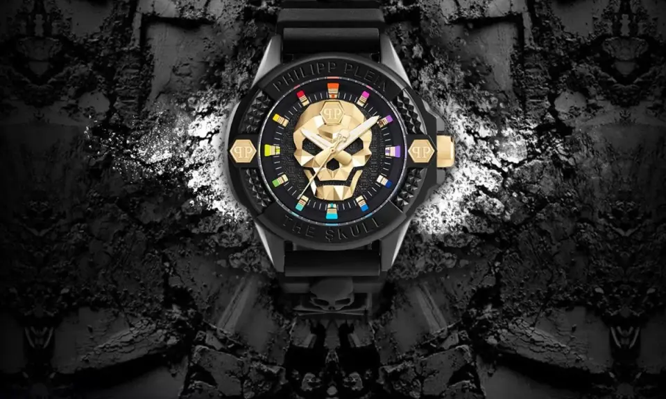Złoty zegarek Philipp Plein "The Skull" z czaszką i tęczowymi indeksami. Jak rozpoznać oryginał? Detale i jakość wykonania.