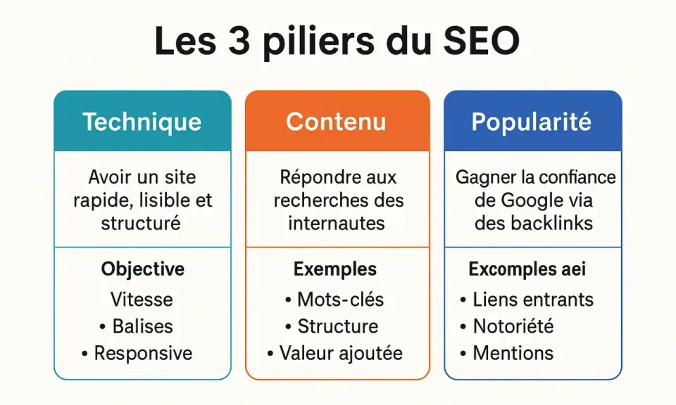 Les 3 piliers du SEO : Technique, Contenu (avec mots-clés pour le referencement Google) et Popularité.