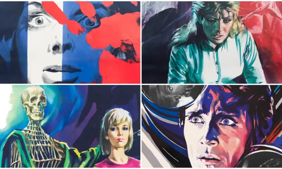 Volti spaventati e uno scheletro in poster di film horror, evocano l'atmosfera dei capolavori di Mario Bava.