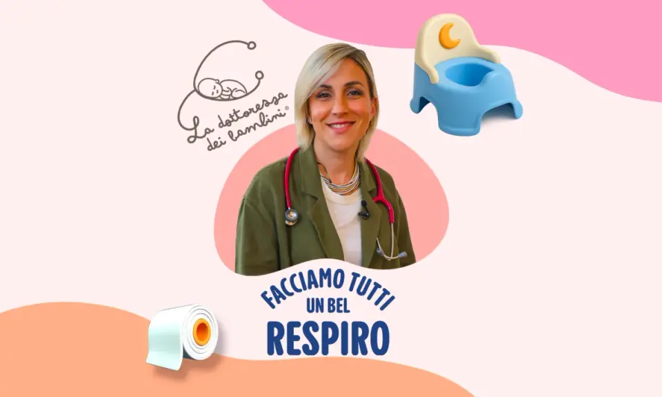 Dottoressa sorridente con stetoscopio, vasino e rotolo di carta igienica. Affronta temi come vomito e diarrea bambini.
