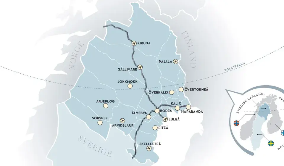 Karta över Swedish Lapland med flygplatser och orter. En rutt markerad visar besökarnas väg genom norra Sverige.