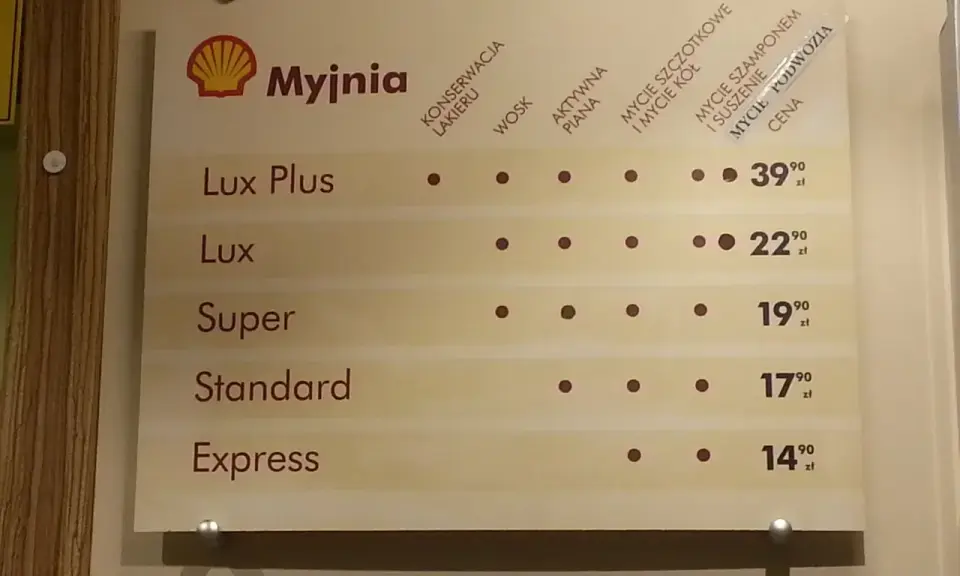 Cennik myjni Shell: Lux Plus 39,90 zł, Lux 22,90 zł, Super 19,90 zł, Standard 17,90 zł, Express 14,90 zł.