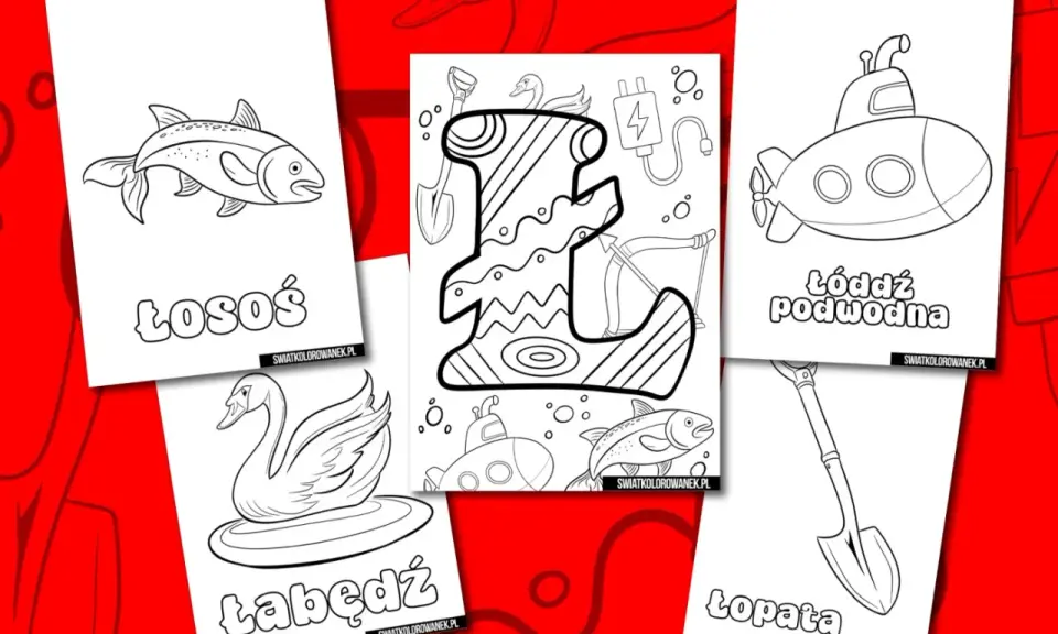 Karty pracy z literą Ł: łabędź, łódź podwodna, łosoś, łopata.