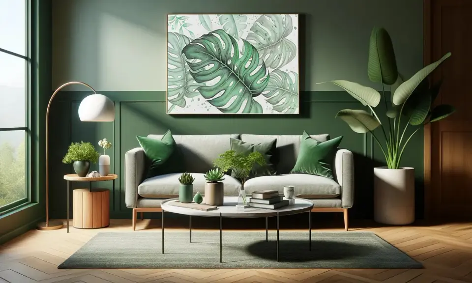 Un soggiorno moderno con divano grigio, cuscini verdi e un quadro di foglie tropicali. Un esempio di come abbinare il verde per un'atmosfera rilassante.